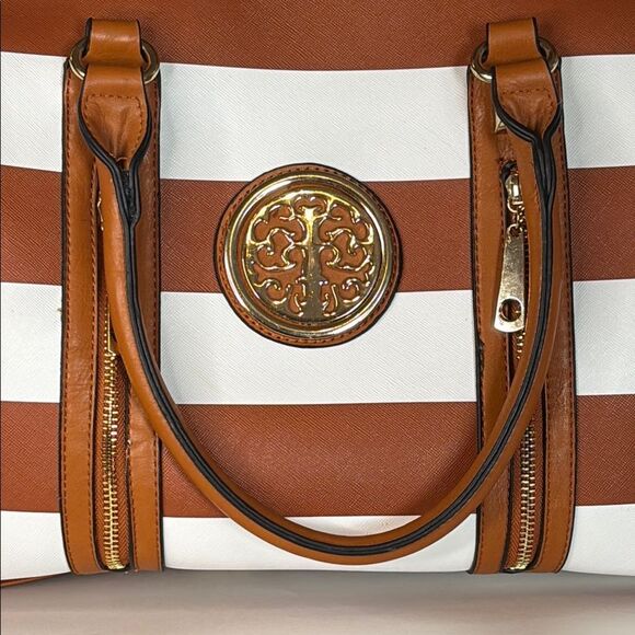 Brown and White Striped Tote with Faux Leather Trim 15” x 7” x 9” - Picture 2 of 9